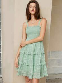 Aveloria French Jacquard Mini Plaid See-Through Sleeveless Ruffle Hem Slip Dress, Spring/Summer Boho Vacation Fashionable Style For Spring Fall - Green - View 4