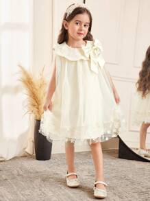 SHEIN Loose Casual Round Neck Sleeveless A-Line Dress With 3D Flower Decoration And Oversized Bow, Suitable For Weddings, Birthdays, Holidays, Parties In Apricot And Champagne Colors - Apricot - View 4