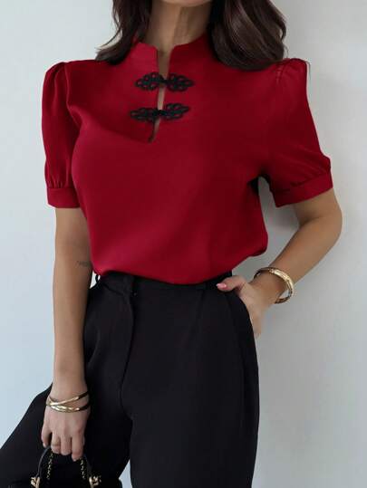 Firerie New Elegant Romantic Date Puff Sleeve Contrast Color Button Up Shirt For Women, Spring/Summer