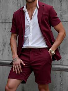 Manfinity Homme Manfinity Men's Suit Set Short Sleeve Solid Color Jacket & Shorts, Minimalist Fashion Casual Daily Wear, Men Casual Suit, Men Casual Suits, Nice Suit For Men, Men Dress Suit - Burgundy - View 1