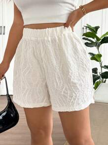 SHEIN Frenchy Plus Size Women Casual Simple Textured Solid Color Shorts, Side Split Design, Summer - White - View 7