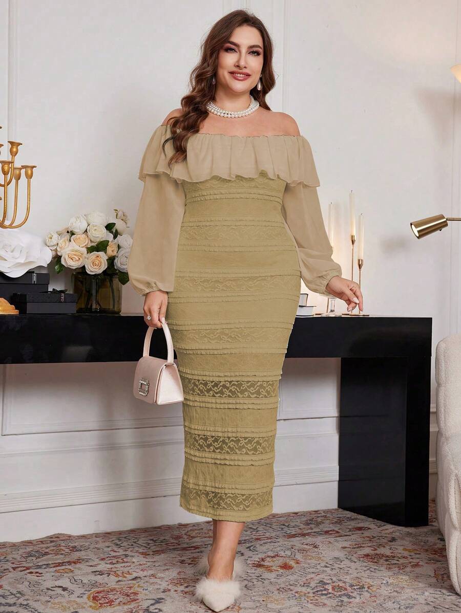 Modelyn Plus Size Women Elegant Off-Shoulder Ruffle Textured Knit Party Dress, Elegant, Fitted Dresses Maxi Women Outfit Long Evening Dresses - Khaki - View 1