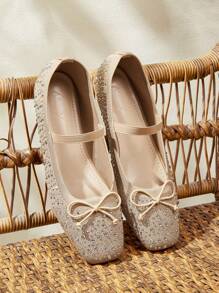 CUCCOO BASICS Women's Fashion Sparkling Brocade Mary Jane Flats, School/Student Cute & Sweet Style, Apricot Color - Apricot - View 1