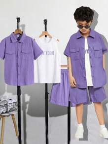 Ensemble 3 pièces pour préadolescents: polo violet et blanc, shorts à taille élastique, et débardeur imprimé de lettres sans manches. Convient pour les vacances d'été, les tenues décontractées et de sport