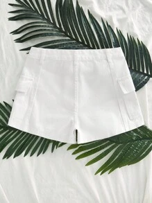 SHEIN Essnce Women's Solid Color Cargo Pocket Casual Versatile Denim Shorts - White - View 2