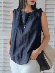 Dazy-Less 夏季亚麻纯色简约牛仔效果装饰艺术休闲度假无袖衬衫女士商务休闲女装 - 藍色 - 查看 6