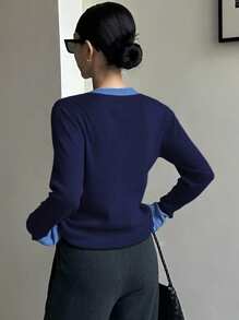 DAZY Women's Color-Block Trim Button-Up V-Neck Cardigan Sweater - Navy Blue - View 4