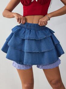 SHEIN EZwear Women's Elastic Waist Multi-Layered Ruffle Hem Denim Skort - Blue - View 1