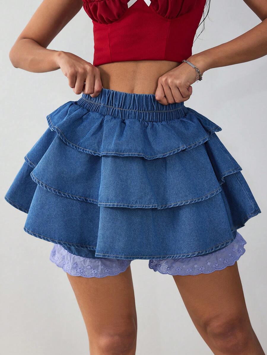 SHEIN EZwear Women's Elastic Waist Multi-Layered Ruffle Hem Denim Skort - Blue - View 1