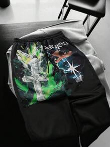 Manfinity EMRG Men's Sweatpants, One-Piece Set, Elastic Waistband, Functional Pockets On Both Sides, Loose Straight Version, Fluorescent Color, "Religious Cross" Pattern With "Realistic Face" Pattern, Showing Bold Personalized, On, Can Be Worn At Home Or Outdoors, Suitable For Young Casual Sports, Daily Commuting, Back To School And Vacation, The First Choice For Gifts For Boyfriends And Husbands, Couples' Wear Y2k Clothes Men Graphic Pants Graphic Sweat Pants Men Streetwear - Black - View 3