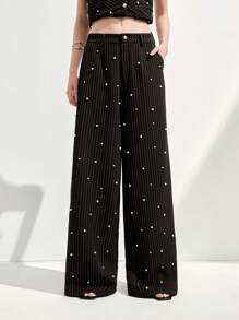 Arave Pantaloni a gamba larga da donna, di colore unito con decorazioni in finta perla, di moda per l'estate, set da 2 pezzi, pantaloni, casual business per donna