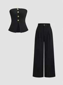 SHEIN Unity Black Bandeau Top With Gold Accent Buttons + Wide Leg Pleated Pants - Black - View 1