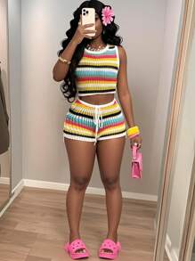Slaydiva 2025 Spring/Summer New Arrival Vacation Beach Casual Colorful Striped Hollow Out Knit Halter Tank Top + Tied Shorts 2Pcs Women Knit Set - B