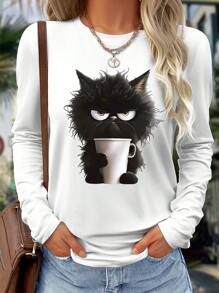 SHEIN LUNE 女式卡通黑猫胸前印花休闲舒适百搭长袖T恤图案T恤女式春季上衣