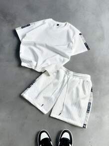 Manfinity CasualCool Men's Letter Print Round Neck Short Sleeve T-Shirt And Drawstring Waist Shorts Set Men's Two Pieces Casual Men's Two Pieces Set Men's 2 Pieces Summer Outfits Loose - White - View 11