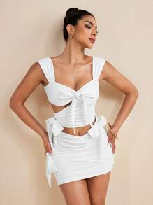 LUNA B Vestido mini blanco sólido con corte de lazo sexy para mujer, atuendo para playa y vacaciones de verano