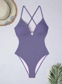 SHEIN Swim 度假海滩纯色露背吊带连体泳衣 - 紫色 - 查看 3