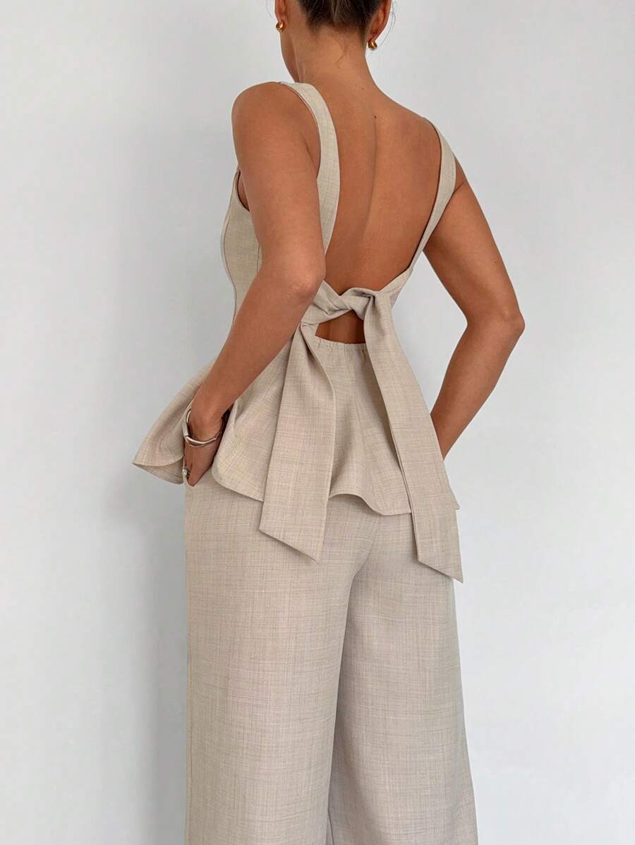 Siren Gaze 2 件套女士休闲纯色抽绳露背短款上衣和裤子套装，夏季