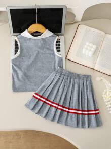 SHEIN Explorewe Young Girl Summer Sports Collegiate Style Tank Top And Pleated Mini Skirt 2 Pieces Set - Grey - View 2