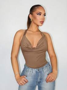 Zolique 性感棕色低胸不对称金属扣吊带女式紧身衣 - 卡其色 - 查看 4