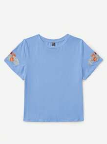 SHEIN LUNE T-shirt à manches courtes décontracté d'été grande taille avec broderie florale
