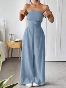 SHEIN EZwear Bộ đồ liền thân dài không tay và hở lưng, Bandeau màu trơn, hợp thời trang cho mùa hè - Màu xanh lam - Xem 6