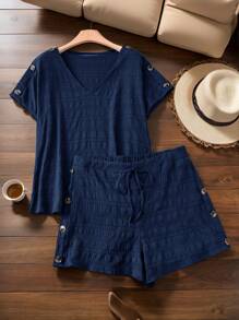 SHEIN LUNE Plus-Size Blue Two Pieces Crewneck Shirt + Shorts Two Pieces Suit Loose Casual Buttons Decorated Women's Set