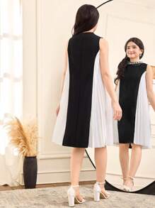 Vestido holgado de punto de cuello redondo elegante con parches plisados para adolescentes