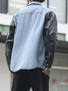 Manfinity Hypemode Chaqueta vaquera informal para hombres con botones delanteros, bolsillo parche y contraste de colores - Azul - Ver 2