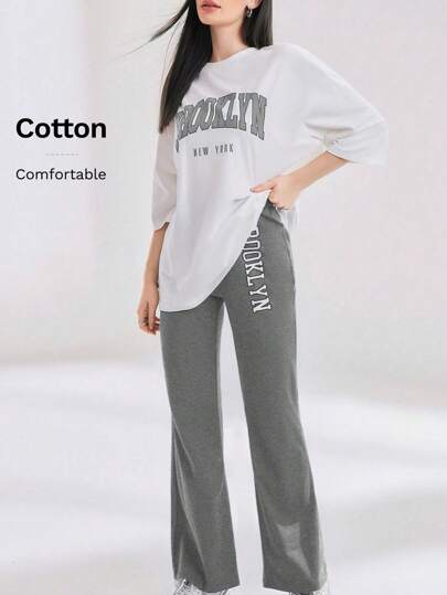 Mulvari 2 件套女士字母印花圆领 3/4 袖休闲 T 恤和裤子套装