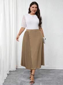 Modelyn Plus Size Casual & Office Wear Solid Color Pleated Patchwork A-Line Skirt - Khaki - View 2