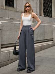 RueChic 女士纯色侧袋前褶拉链纽扣前阔腿裤西装裤下装办公室时尚女士季节性优雅休闲 - 深灰色 - 查看 5