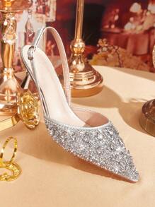 CUCCOO TILAWA Zapatos de tacón alto con puntera puntiaguda y brillo plateado, zapatos de fiesta y boda con adornos de strass, tacones altos delgados para mujer - Plateado - Ver 4