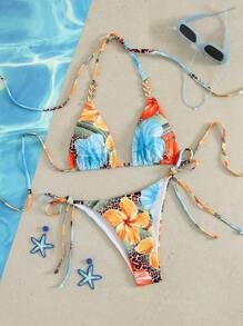 SHEIN Swim Women Casual Vacation Random Floral & Leopard Print Halter Neck Triangle Top And Tied Side Bikini Bottom Set