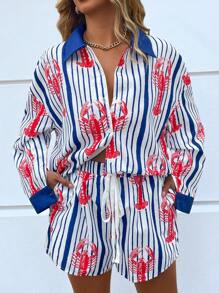 EMERY ROSE Plus Size Women 2pcs Set: Loose Fit Contrast Color Striped Lobster Pattern Long Sleeve Shirt And Shorts, Suitable For Vacation, Beach, Commuting And Other Occasions, Spring/Summer - Multicolor - View 5