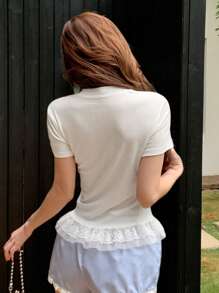 DAZY 夏季修身性感蕾丝荷叶边拼接立领休闲短袖女式T恤可爱上衣 - 白色 - 查看 13