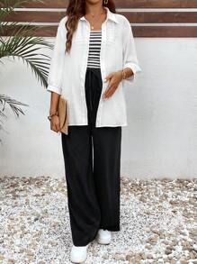 SHEIN Maternity White Top + Black & White Striped Print Tank + Black Pants 3-Piece Set - Multicolor - View 4