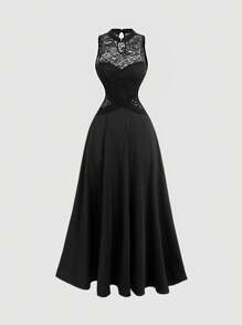 SHEIN MOD Váy dài ren đen chắp vá cho nữ - màu đen - Xem 1