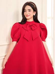 SHEIN 青少年女孩宽松休闲简约立领泡泡袖镂空图案连衣裙 - 紅色 - 查看 3