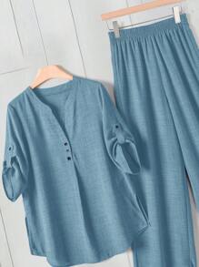 Rusticease Casual Daily Wear Notched Neck Short Sleeve Top And Elastic Waist Long Pants Women's Summer Clothes European Summer Streetwear Women Country Outfits Women Country Concert Outfit Women Clothes Streetwear Women Streetwear Women  European Summer Women's Summer Clothes