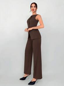 Aloruh Women's 2pcs Office Wear Set: Khaki Lapel Decoration Sleeveless Blazer & Trousers In Fall/Winter - Mocha Brown - View 3