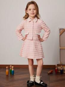 PrepCrw Conjunto de Jaqueta Ajustada Tipo Universitário Tecida e Saia Míni em Jacquard Estampa Pied-de-Poule Rosa, Primavera/Verão, Meninas Jovens - Rosa chiclete - Visão 6