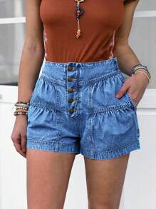 LanaWest Women Elastic Waist Ruffle Hem Denim Shorts