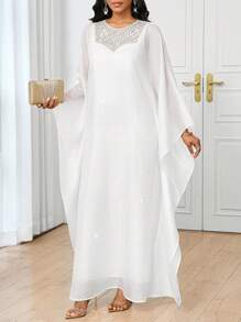 SHEIN Lady Women's White Pearl Embellished Woven Maxi Dress: Elegant Round Neck, Long Sleeve, And Flared Hem Modest Style