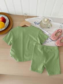 SHEIN Set 2 Potong Baju Pendek Lengan Pendek Kasual Sederhana untuk Anak Perempuan, Cocok untuk Musim Panas - MultiWarna - View 2