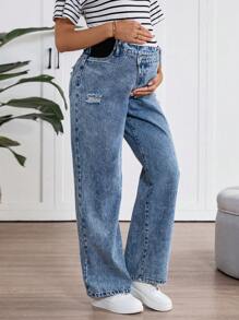 SHEIN Maternity Loose Straight Leg Blue Jeans,Mother Day/Mom/Mother/ Mommy/Mother's Day/Mama/Mum/Mother's Day Gift,Summer / Summer Outfits For Women/ Summer Clothes / Cute Summer Tops/ Summer Bottoms/Summer For Women - Blue - View 3