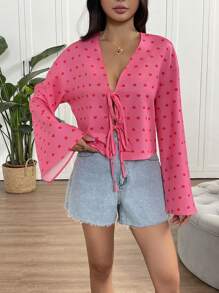 INAWLY Women's Spring Red Long Sleeve Tie Front Shirt - Multicolor - View 6