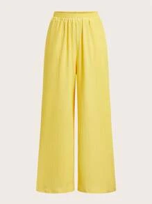 SHEIN EZwear 2pcs/Set Women Plain Pleated Bandeau Top And Pants - Yellow - View 8