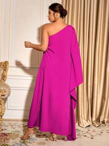 Cravure Vestido con un hombro, volantes y unicolor, estilo de vacaciones, para mujer de talla grande, para fiesta - Rosa Fucsia - Ver 2