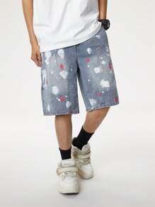 Manfinity Hypemode Pantalones cortos vaqueros holgados y versátiles de pierna ancha con bolsillo de salpicadura de tinta para hombres